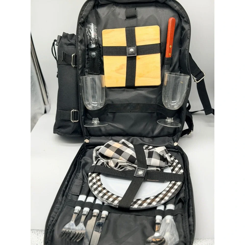 Plush Picnic Backpack Set for 2 Black Plates Wine Glasses Blanket Utensils